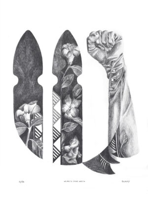 Gesture Series - Hearts True North A graphite artwork, a sketched style drawing of a hand wearing a ladies' vintage glove portraying a resolute fist gesture. It incorporates New Zealand and the Pacific, fauna and flora, symbolic picket fences.