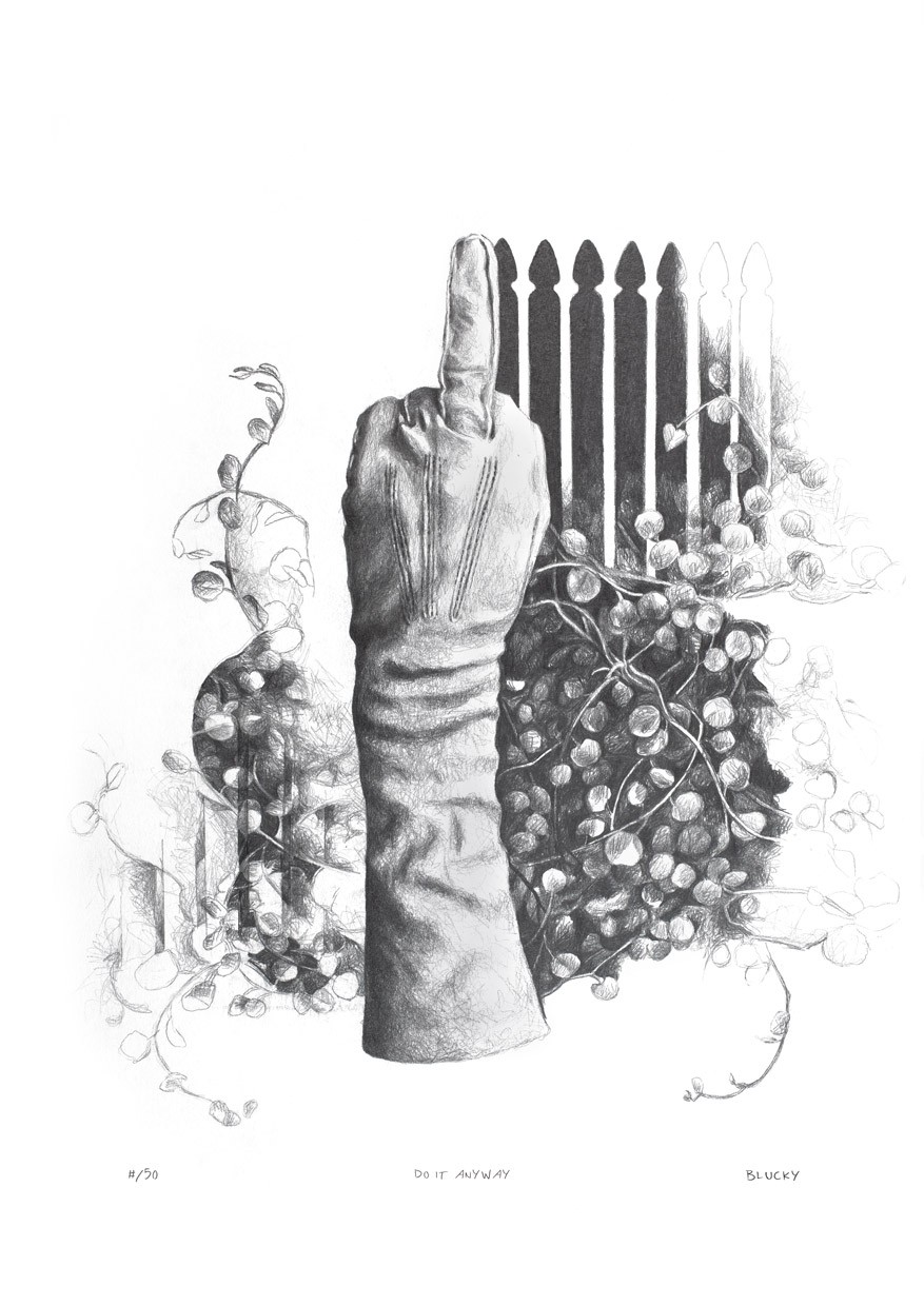 Graphite pencil sketch by Michele Bluck Fine art print of a gloved hand, giving the finger, flicking the bird. The glove is vintage. In the background is a picket fence and New Zealand native fauna.