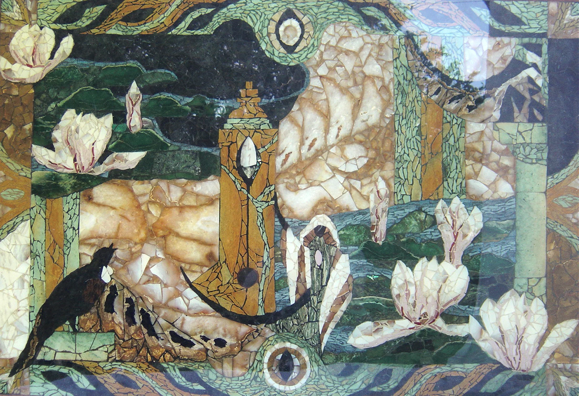Pietra Dura Stone Artwork, hard stone used in commesso mosaic work, painting with semiprecious stones and glass inlaid, and mosaic in a table. Floating magnolia, hills and rivers, a protective angel a singing Tui, with a magical tower. An original authentic keepsake and eclectic artisan heirloom created by NZ artist Michele Bluck