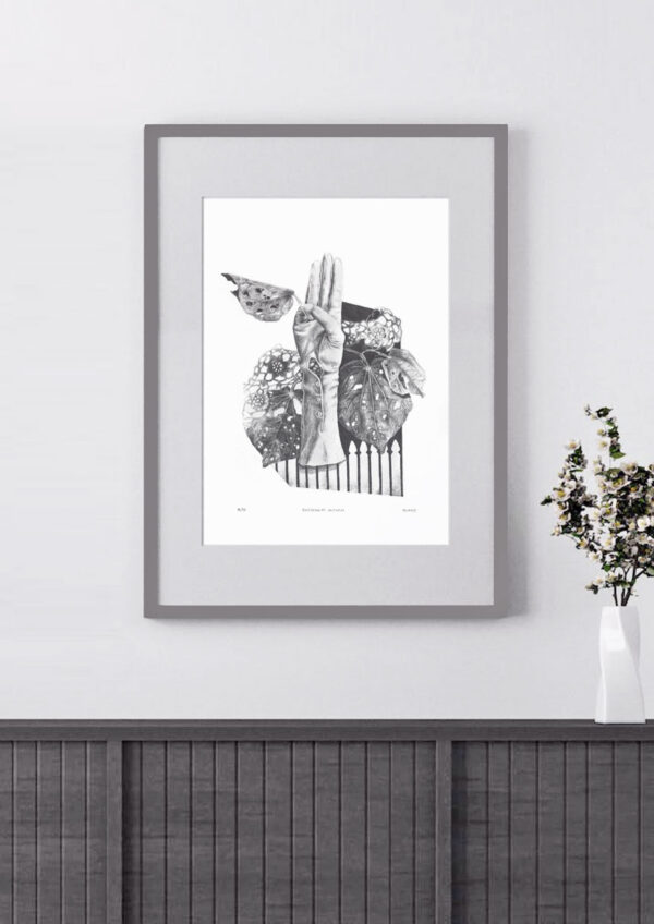 Michele Bluck Fine art print in mockup frame on a wall, of Graphite pencil sketch of a gloved hand, doing the I promise gesture or a salute. The glove is vintage. In the background is a picket fence and New Zealand native fauna, KawaKawa