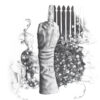 Michele Bluck Fine art print of Graphite pencil sketch of a gloved hand, giving the finger, flicking the bird. The glove is vintage. In the background is a picket fence and New Zealand native fauna.