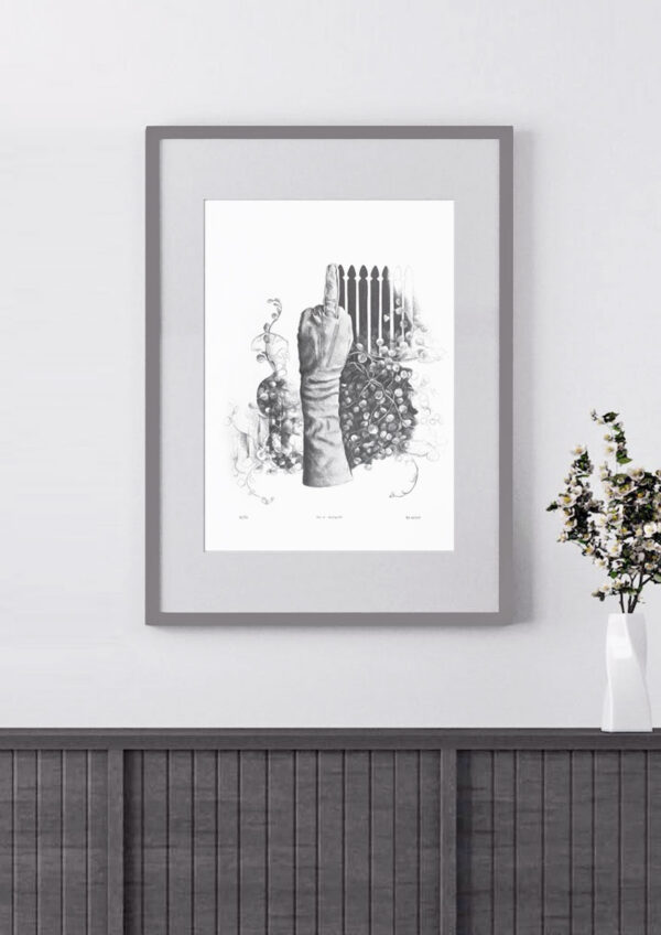 Michele Bluck Fine art print in a frame on a wall, of Graphite pencil sketch of a gloved hand, giving the finger, flicking the bird. The glove is vintage. In the background is a picket fence and New Zealand native fauna.